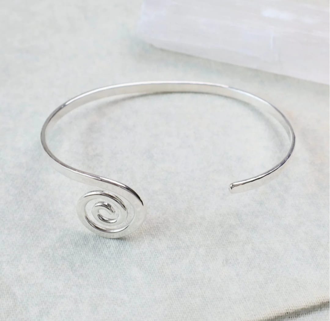 sterling silver spiral hammered cuff bracelet handcrafted minimalist jewelry