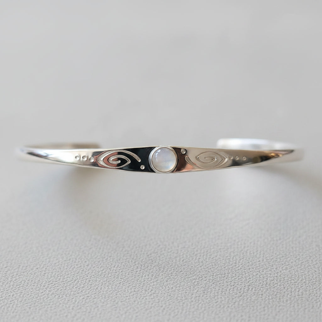 sterling silver moonstone stamped cuff bracelet with swirl detail handmade jewelry