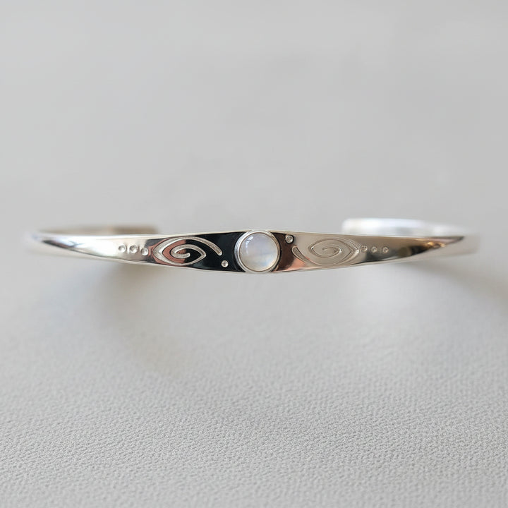 sterling silver moonstone stamped cuff bracelet with swirl detail handmade jewelry