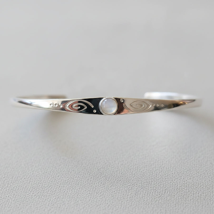 sterling silver moonstone stamped cuff bracelet with swirl detail handmade jewelry
