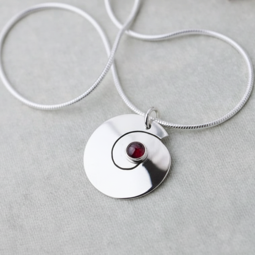 Silver necklace with a round pendant featuring a garnet gemstone on a light gray background