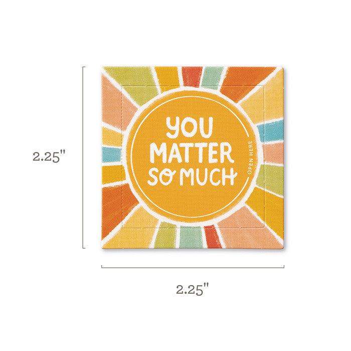 Colorful card with 'You Matter So Much' text and sunburst design, with dimensions indicated.