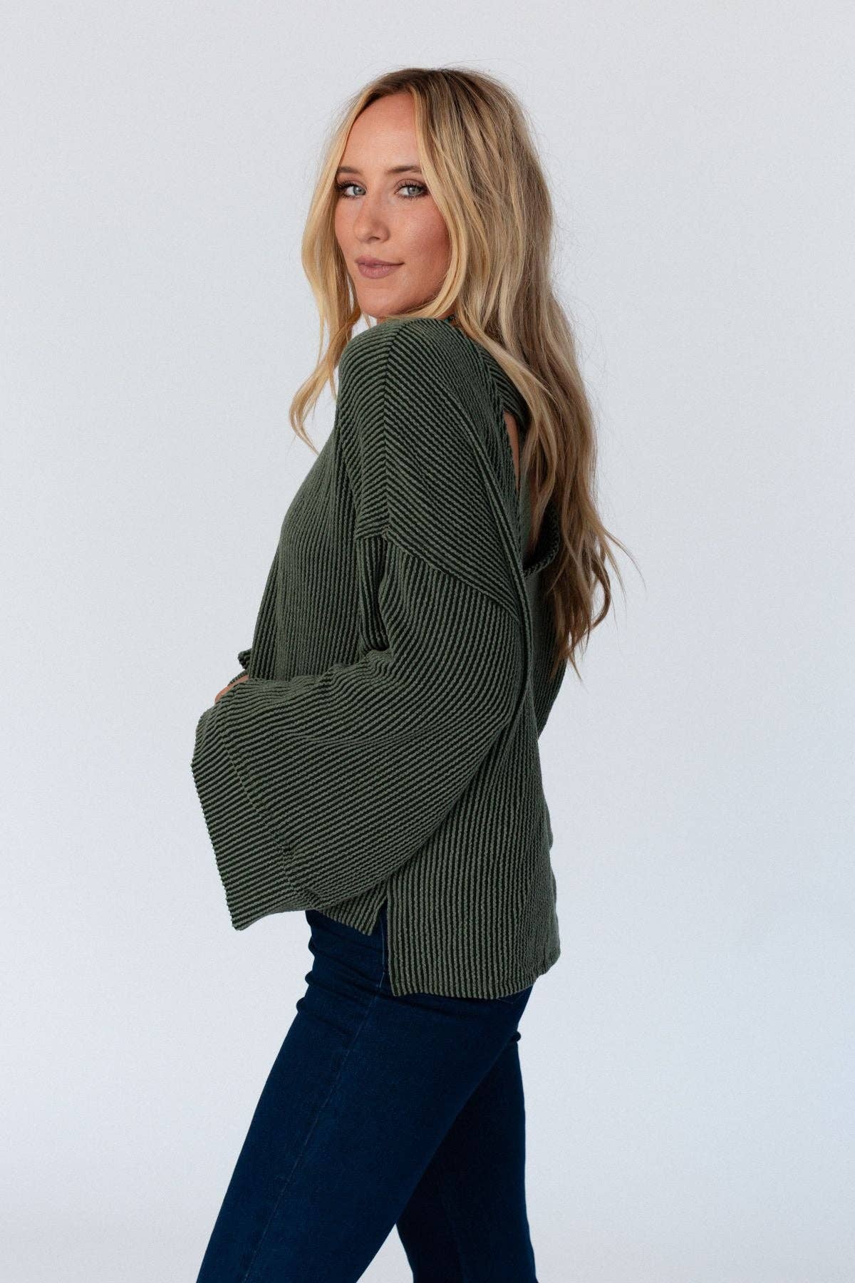 Love It Round Neckline Textured Top - Olive