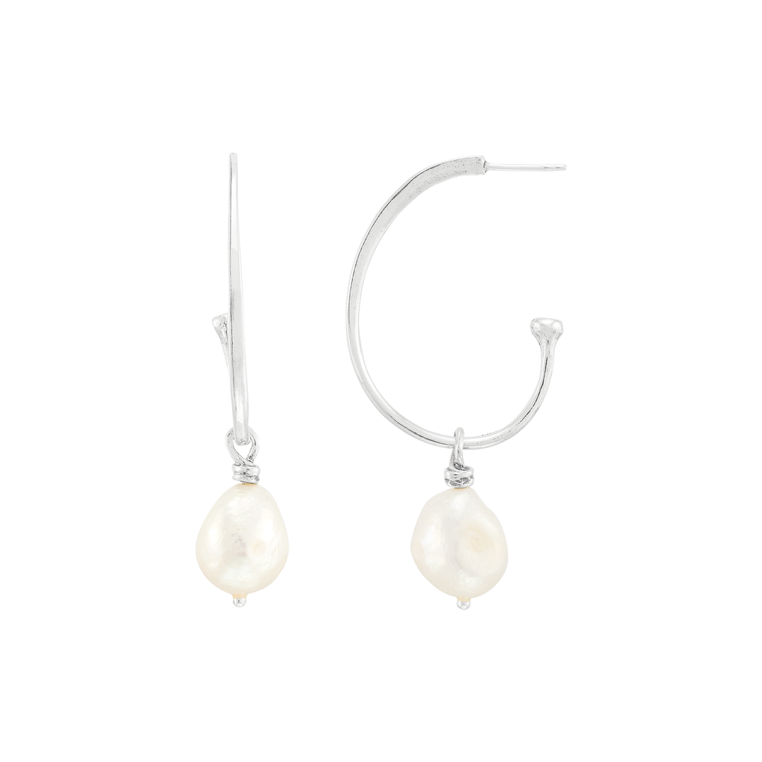 'Radiating' Silver Freshwater Pearl J-Hoop Earrings