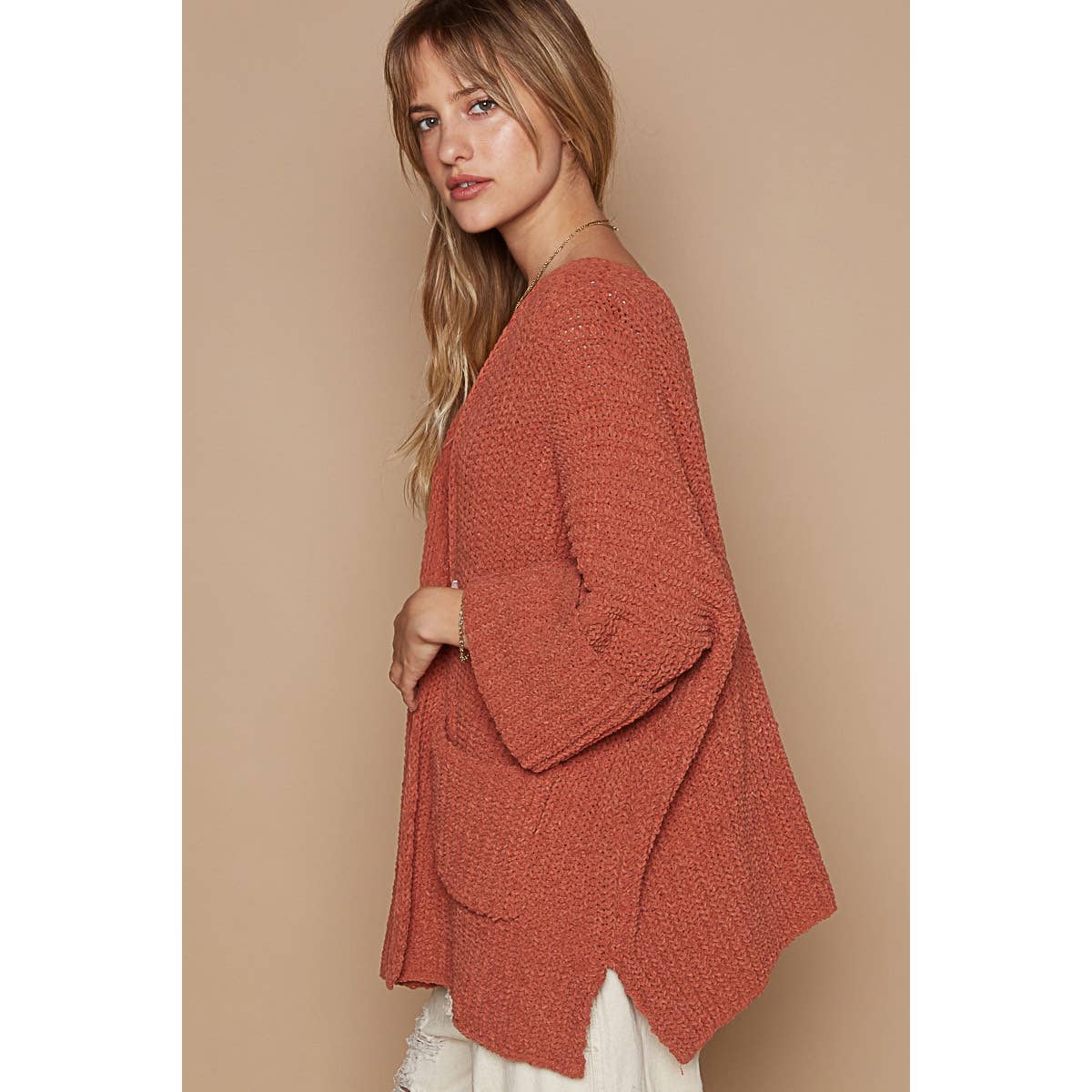 Long sleeve pockets solid sweater cardigan