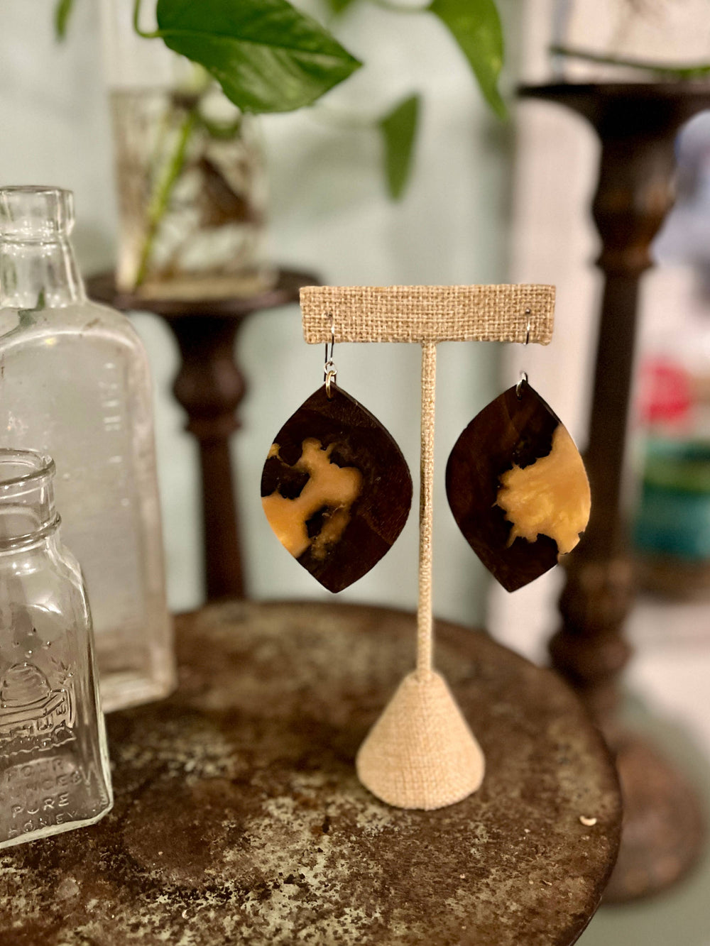 Handcrafted Ember & Walnut Earrings featuring rich walnut wood grain, warm amber resin accents, and hypoallergenic stainless-steel hooks.