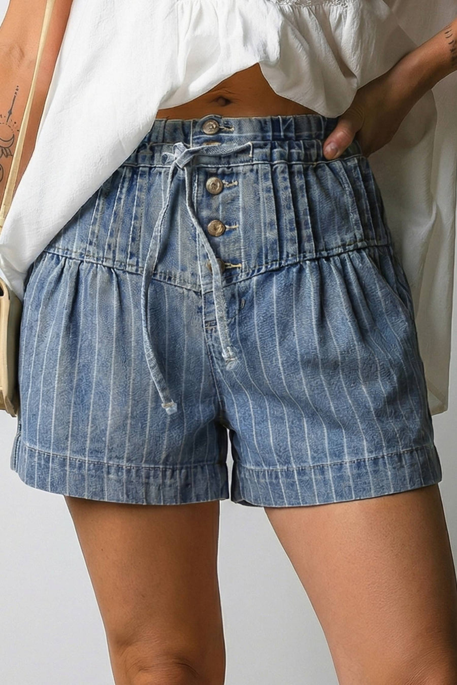 striped paperbag denim shorts drawstring waist blue stripe shorts casual summer boutique style