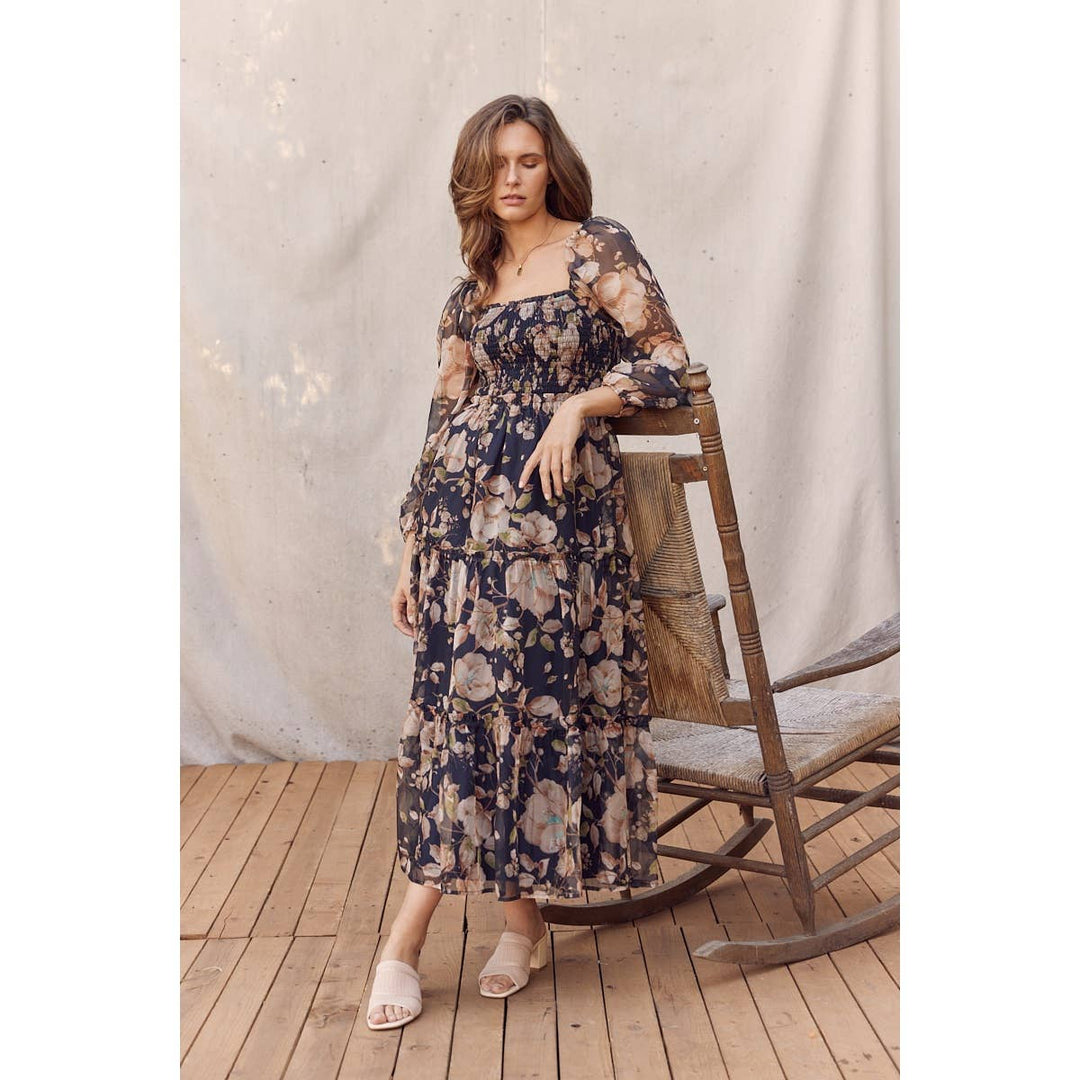 Floral Square Neck Dress w/ Balloon Sleeve