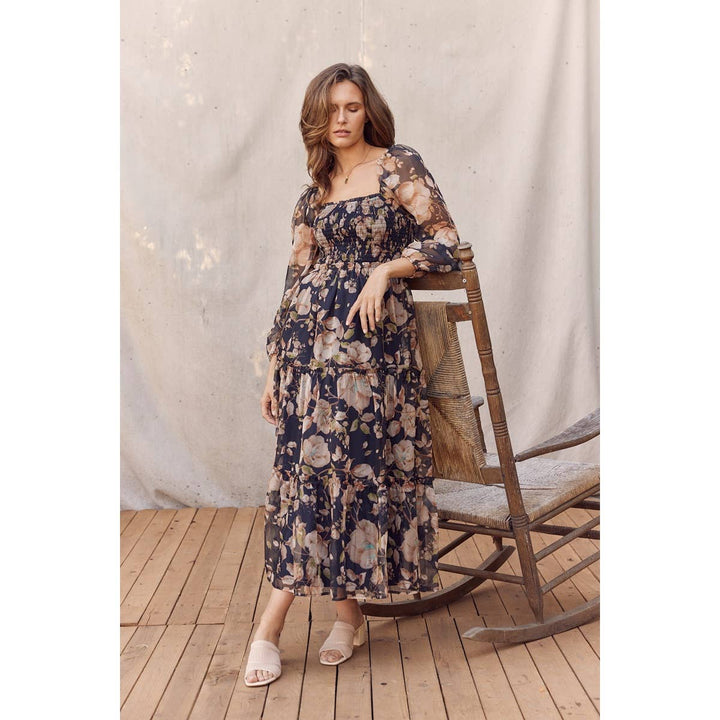 Floral Square Neck Dress w/ Balloon Sleeve