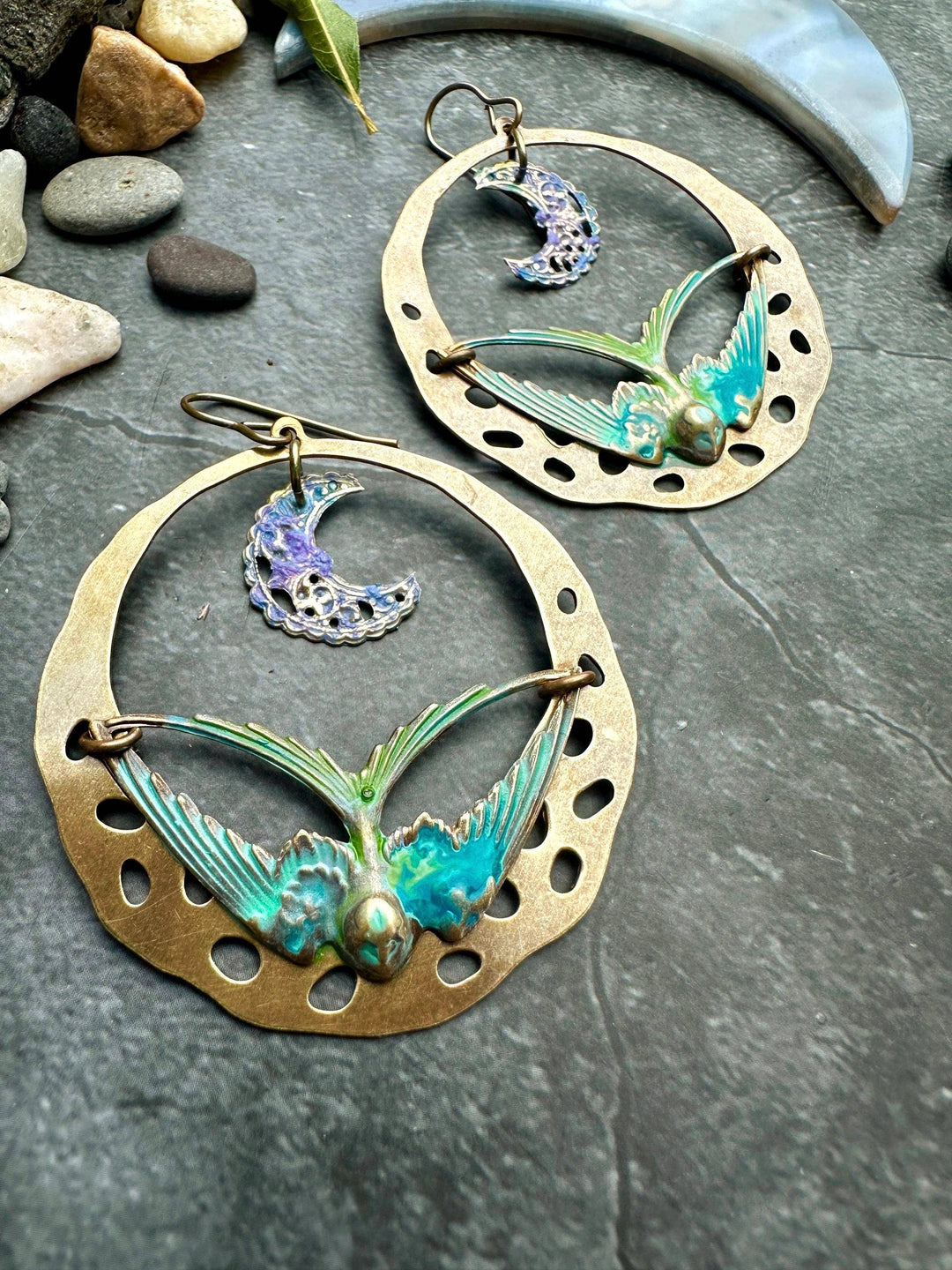 Moonlit Sparrow Hoop Earrings- Hand Painted Enamel