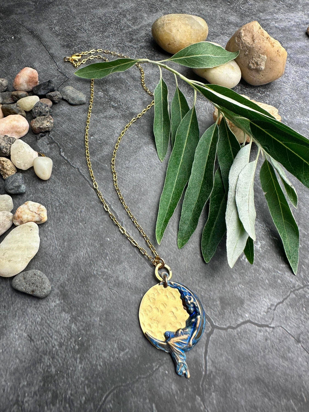 Moon Goddess Necklace, Celestial Brass Pendant with Blue Pat