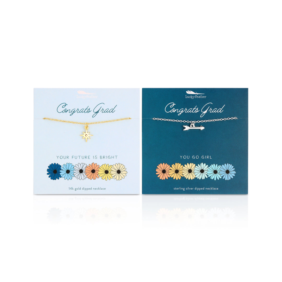 Graduation star necklace with “Your future is bright” message card & Graduation arrow necklace with “You go girl” message card side by side