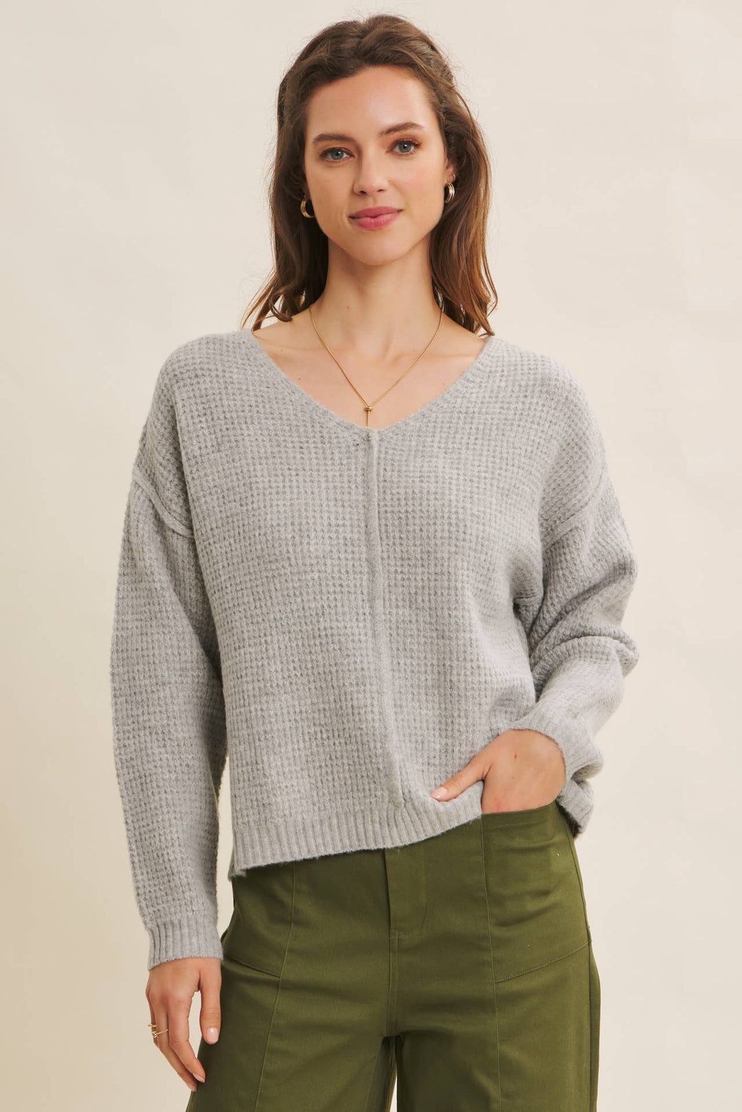 KIND TO PLANET WAFFLE SWEATER TOP WITH EXPOSED SEAM