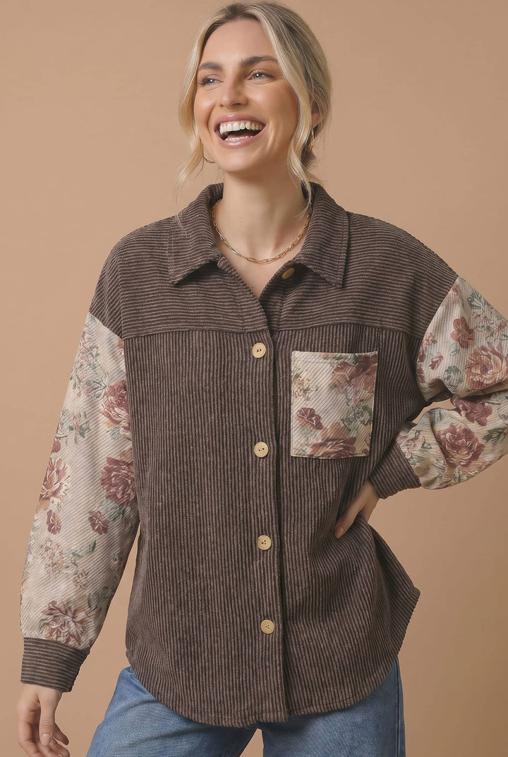 Floral Wave Rib Knit Color Block Shirt