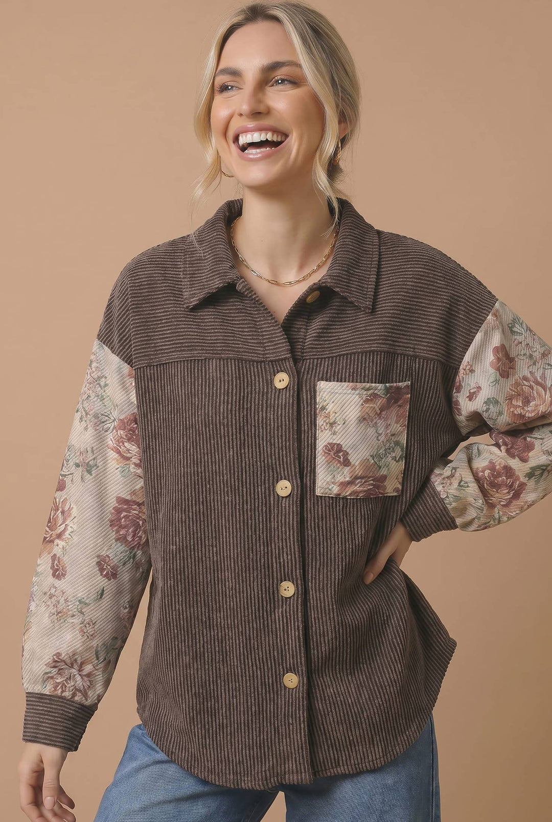 Plus Floral Wave Rib Knit Color Block Shirt