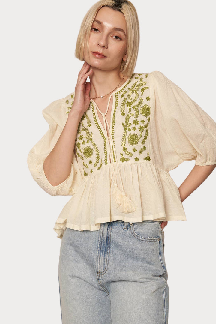 Boho Embroidered Peplum Top | Cream & Green Tie-Neck Blouse