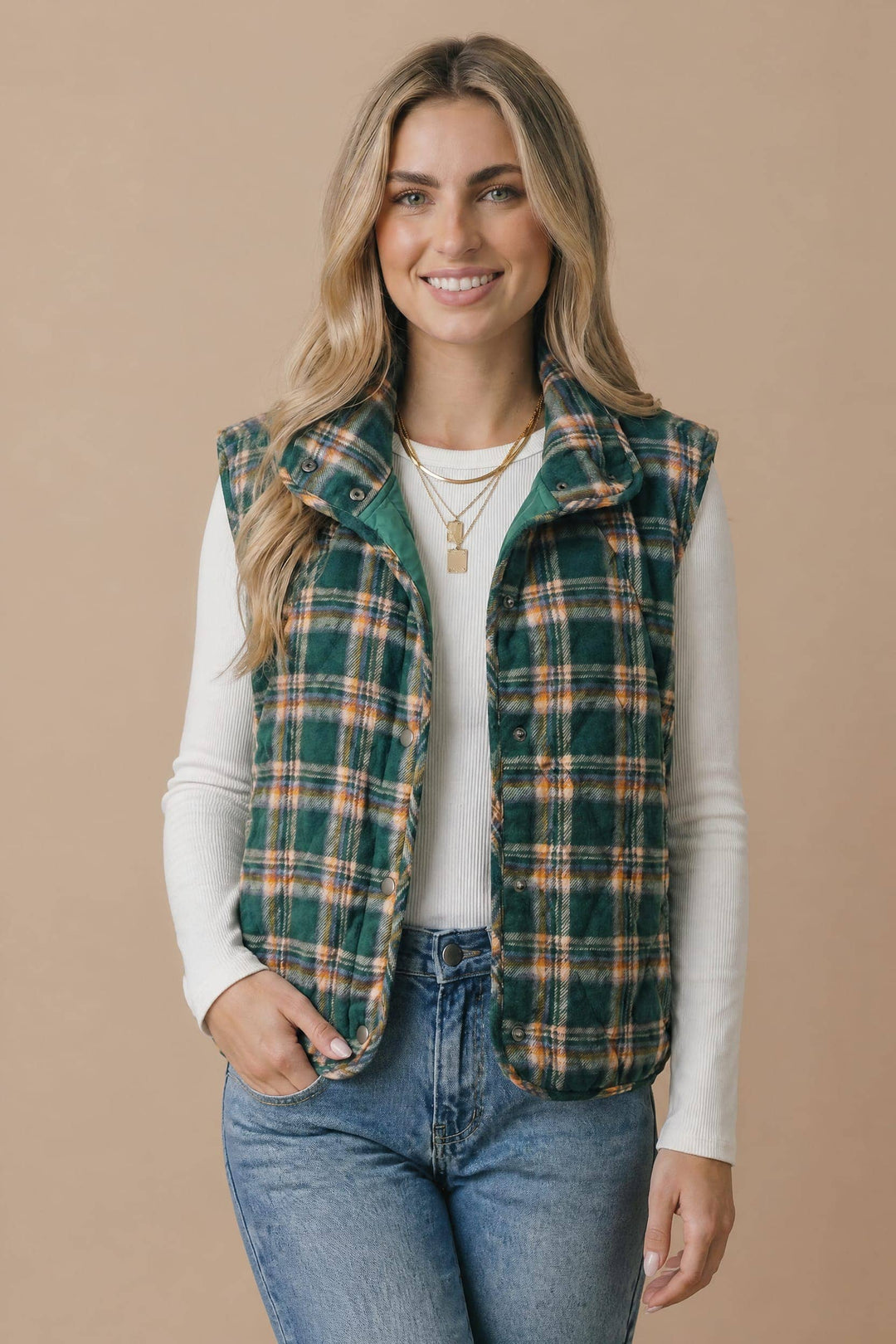 Snap Button Down Plaid Quilted Puffer Vest