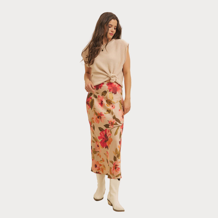 Floral Satin Bias Cut Maxi Skirt | Pink & Red Slip Skirt