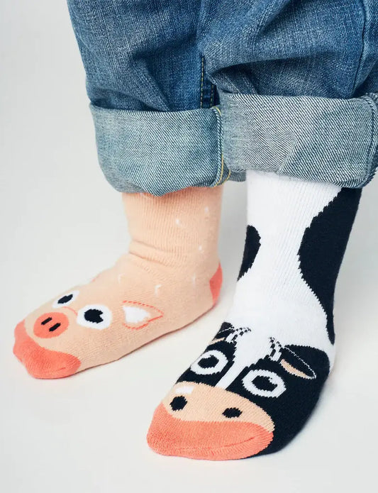 Cow & Pig Mismatched Non-Slip Kids Socks