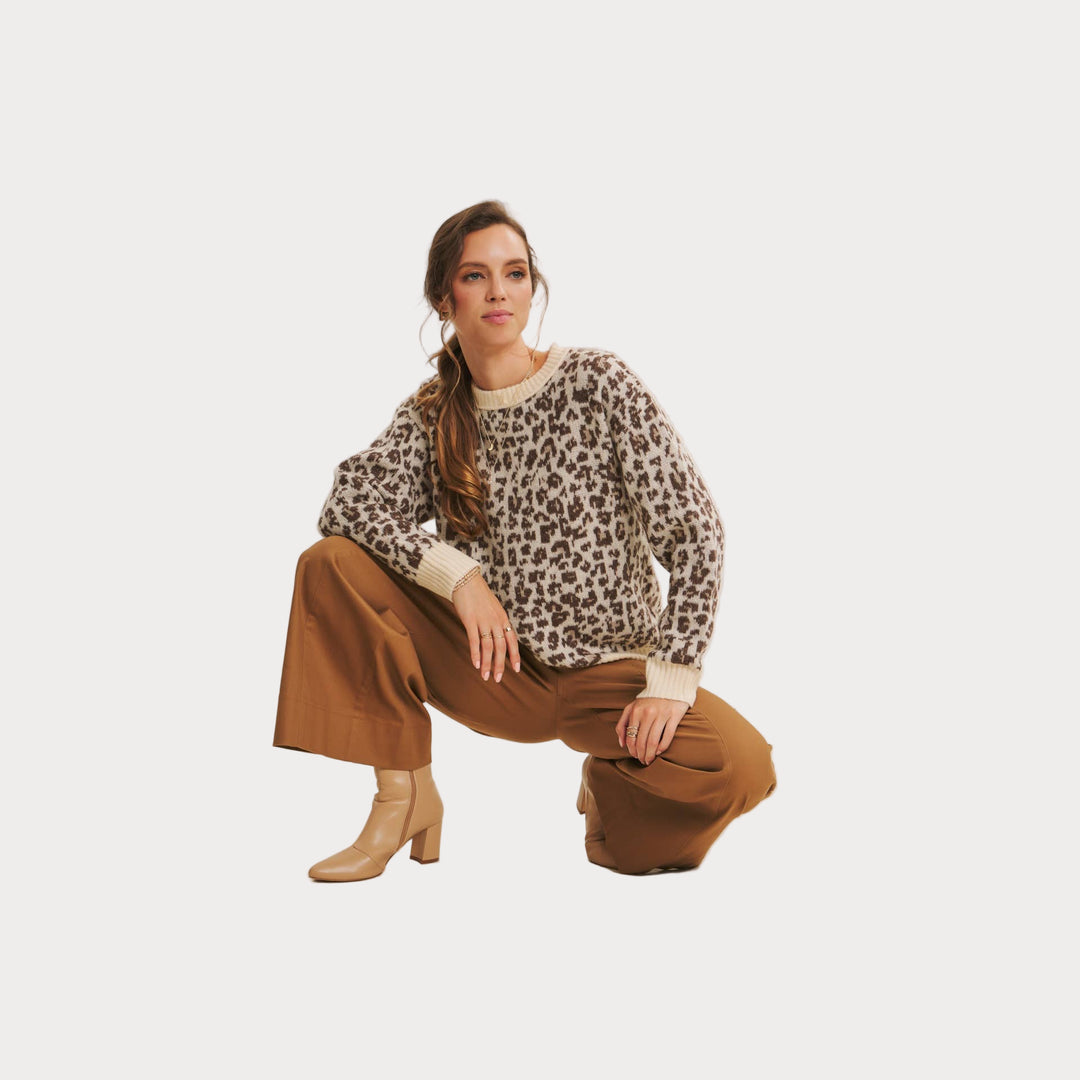 Leopard Print Crewneck Sweater | Cozy Animal Print Knit
