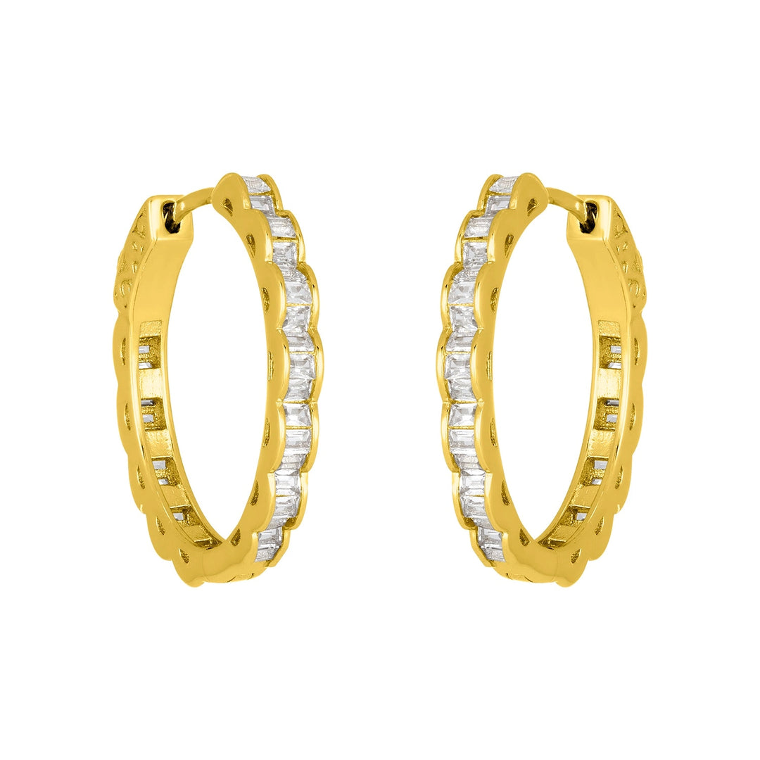 Selina 25mm gold plated sterling silver hoop earrings with baguette-cut cubic zirconia.