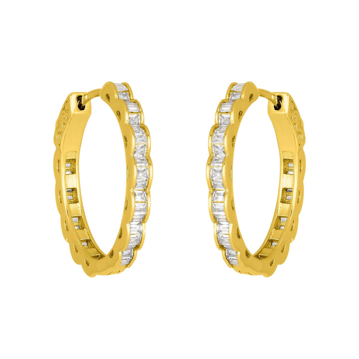 Selina 25mm gold plated sterling silver hoop earrings with baguette-cut cubic zirconia.