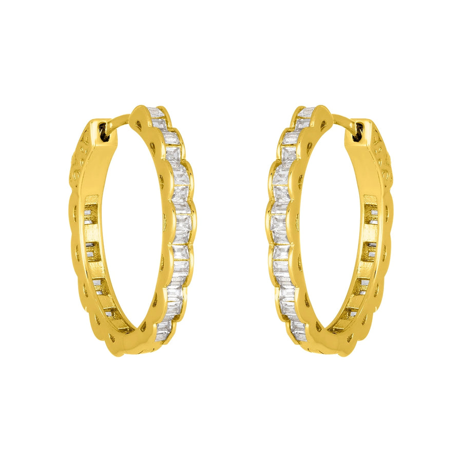 Selina 25mm gold plated sterling silver hoop earrings with baguette-cut cubic zirconia.