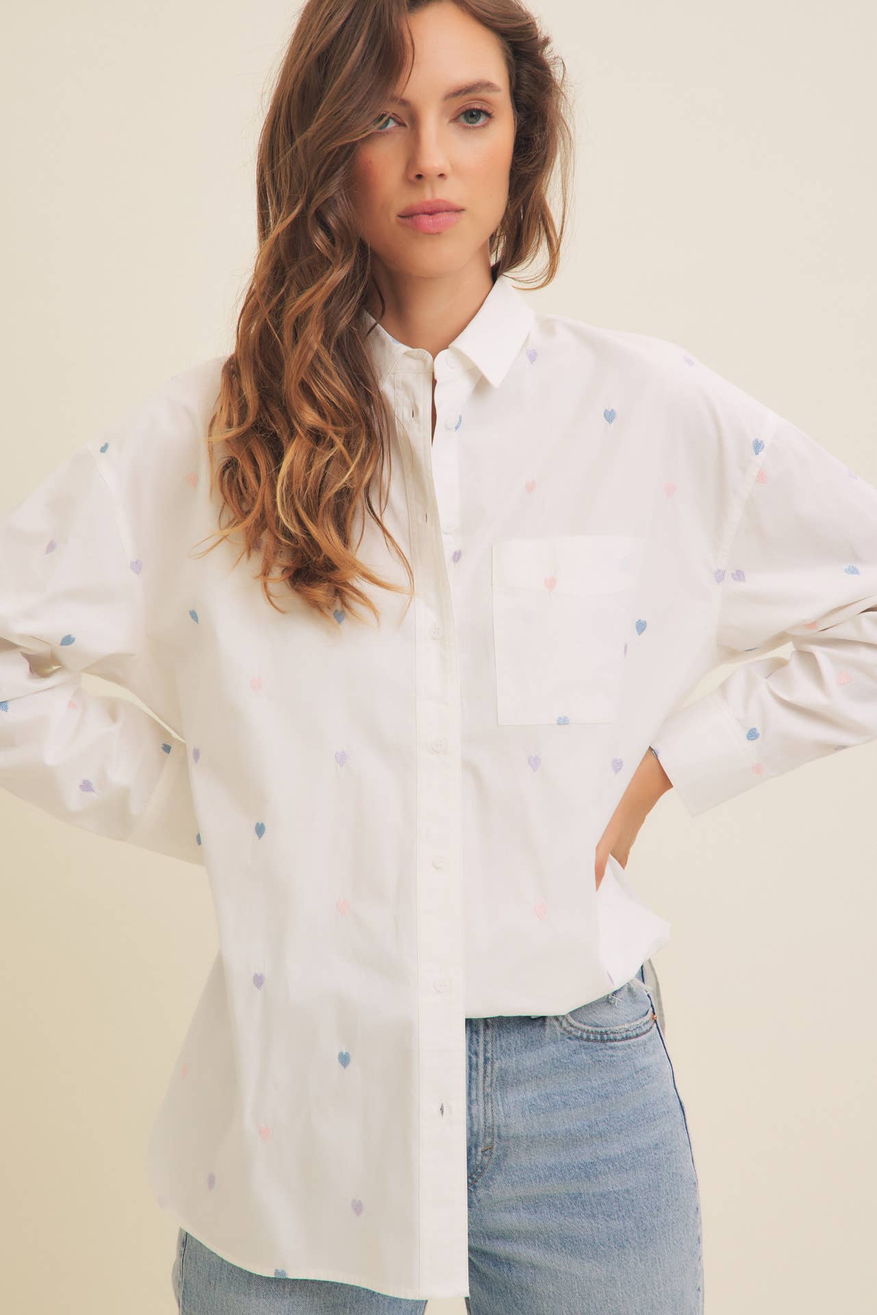 FULL OF HEARTS EMBROIDERY BUTTON DOWN LONG-SLEEVED SHIRT