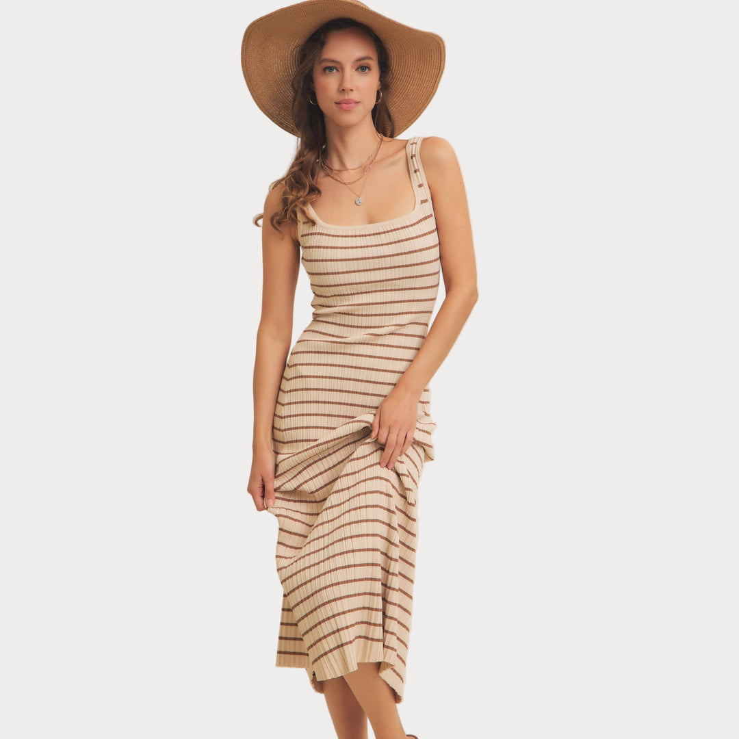 Striped Ribbed Knit Dress | Cream & Brown Midi Sweater Dress