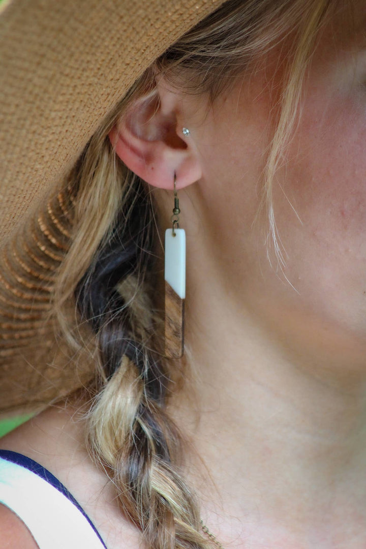 White Bohemian Earrings + Long Boho Earrings + Wood & Resin