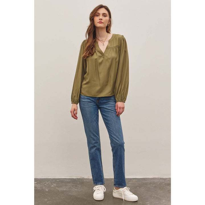 Split Neck Balloon Sleeve Blouse