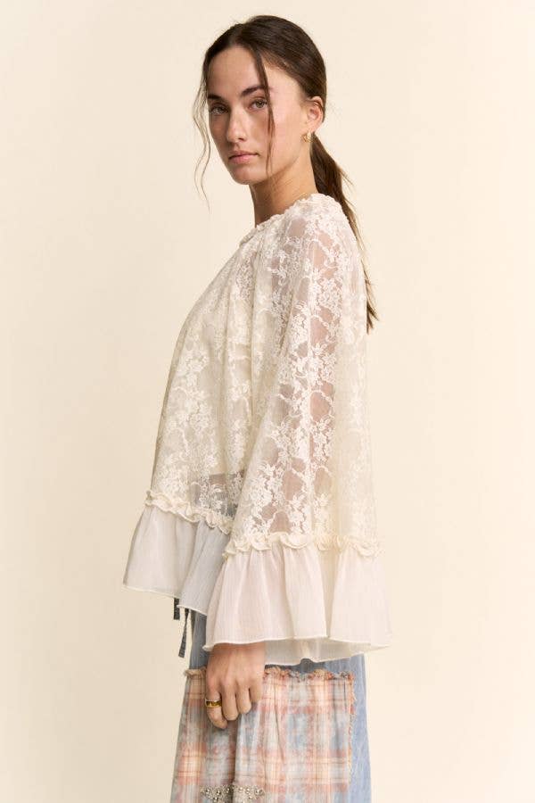 Sheer Lace Bell Sleeve Blouse