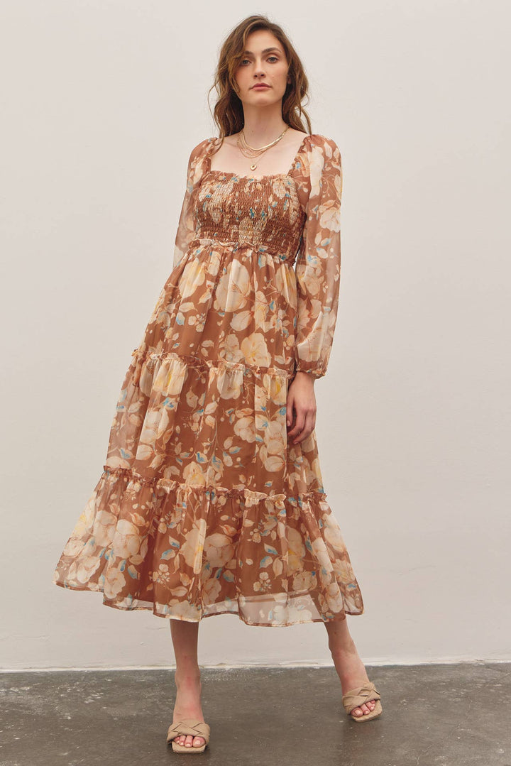Floral Square Neck Dress w/ Balloon Sleeve