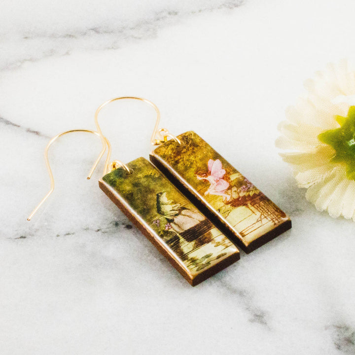 Frog and fairy vintage rectangle wooden earrings with botanical artwork and gold-filled ear wires