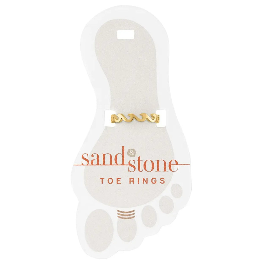 Gold infinity wave toe ring on display card
