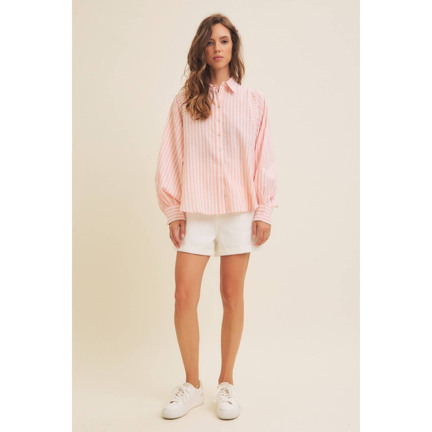 VOLUMINOUS SLEEVED BUTTON-DOWN COTTON STRIPE SHIRT