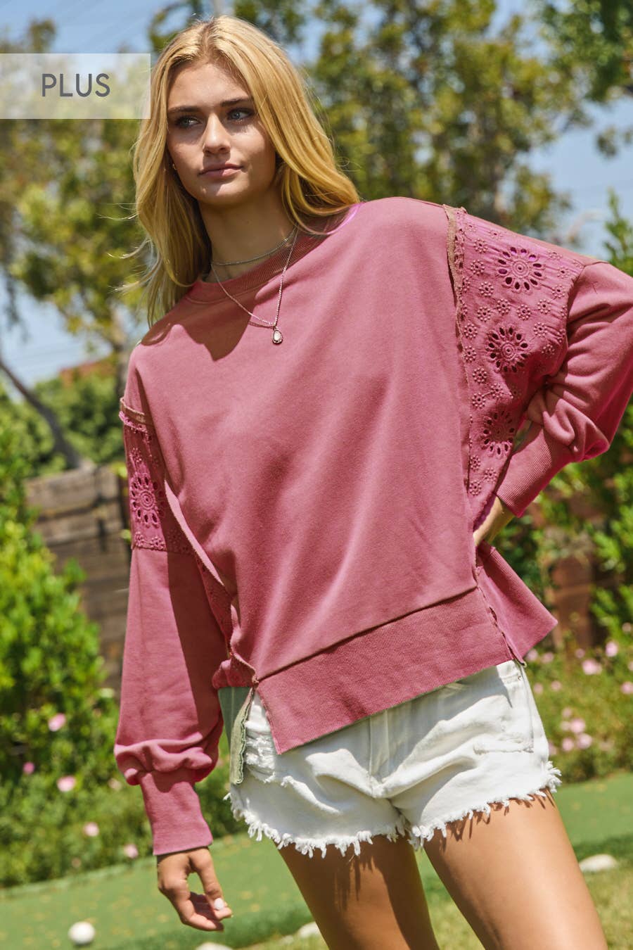 Plus Acid Washed Eyelet Lace Sweatshirt