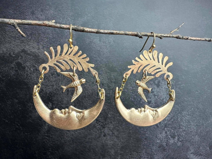 Luna Messenger Earrings - Crescent Moon Face with Bird