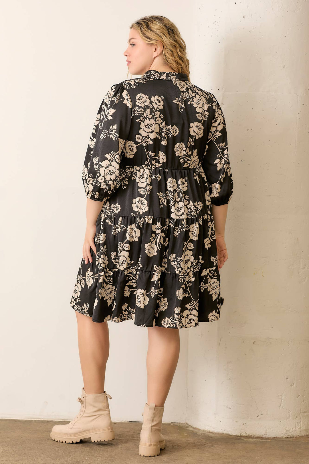 Floral Print Tiered  Button Up Midi Dress - Plus