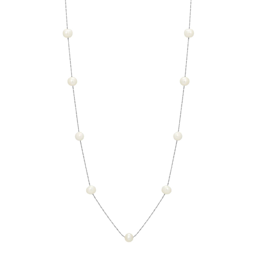silver necklace with floating freshwater pearls on delicate chain