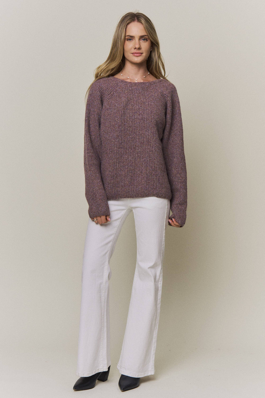 Everly reversible heathered mauve relaxed knit sweater with classic front & twist detail in the back