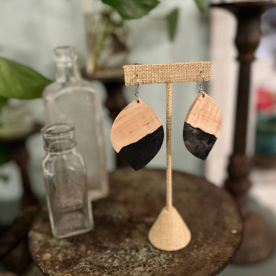Handcrafted Curly Maple Statement Wood & Resin Earrings featuring rare curly maple wood, black resin accents, and hypoallergenic stainless-steel hooks.