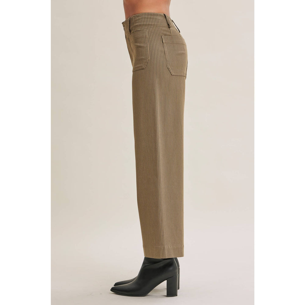 The Avery brown pinstripe ankle pants with straight-leg fit, front pockets and button closure