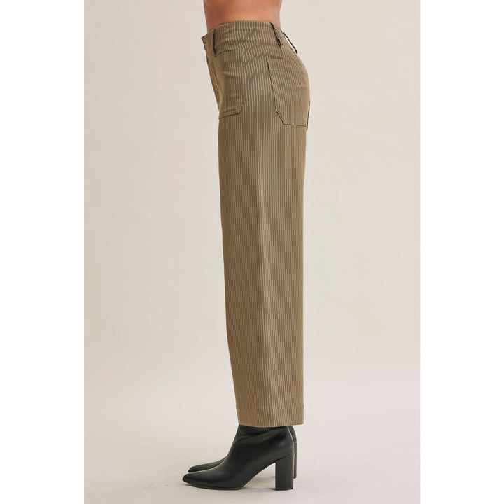 The Avery brown pinstripe ankle pants with straight-leg fit, front pockets and button closure