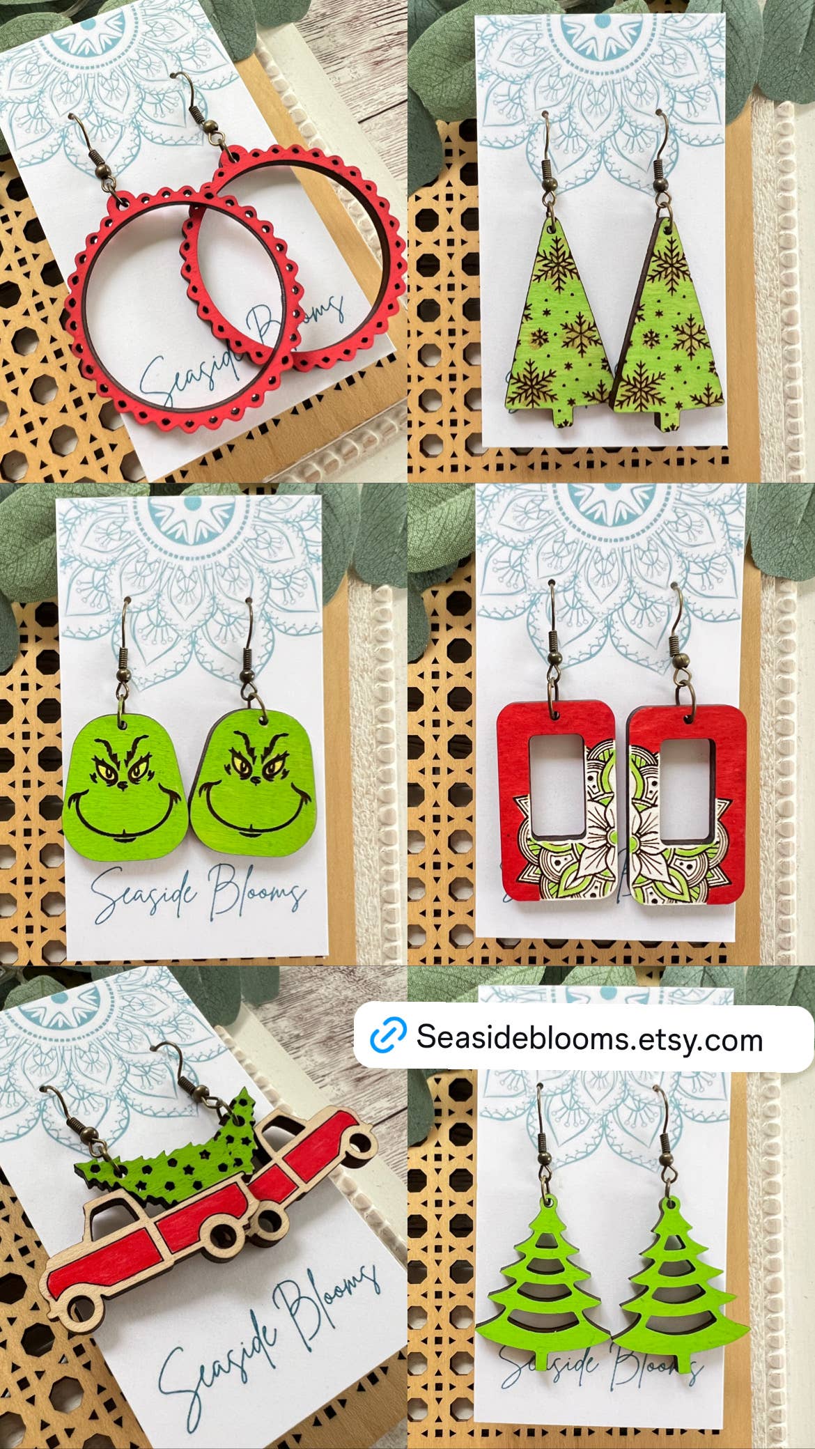 Wooden Earrings - Christmas Tree Earrings 