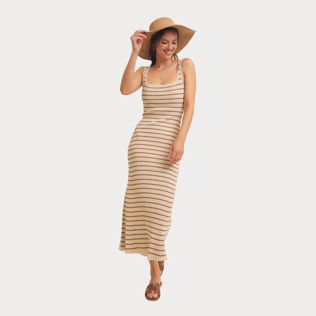 Striped Ribbed Knit Dress | Cream & Brown Midi Sweater Dress