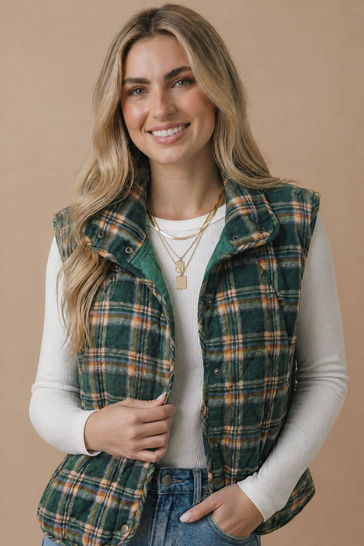 Snap Button Down Plaid Quilted Puffer Vest