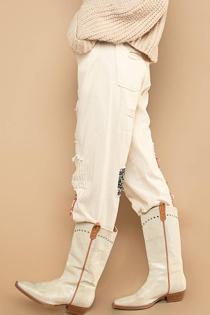 Patch work detail ankle length denim pants