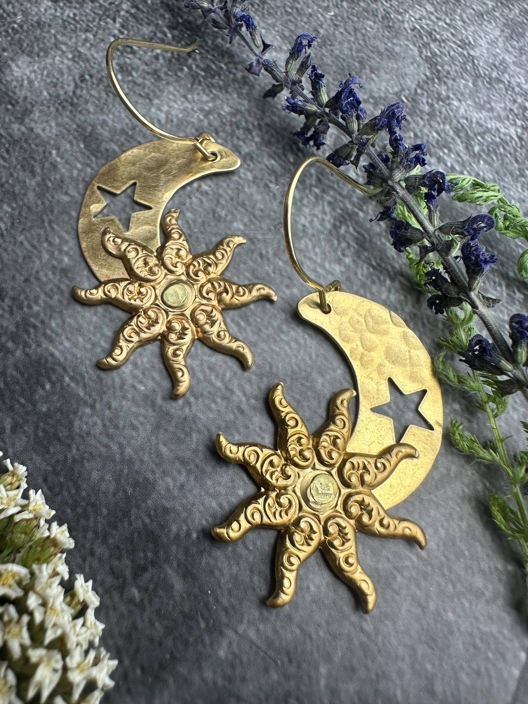 Hand Hammered Brass Sun Moon Earrings, Celestial Art Nouveau