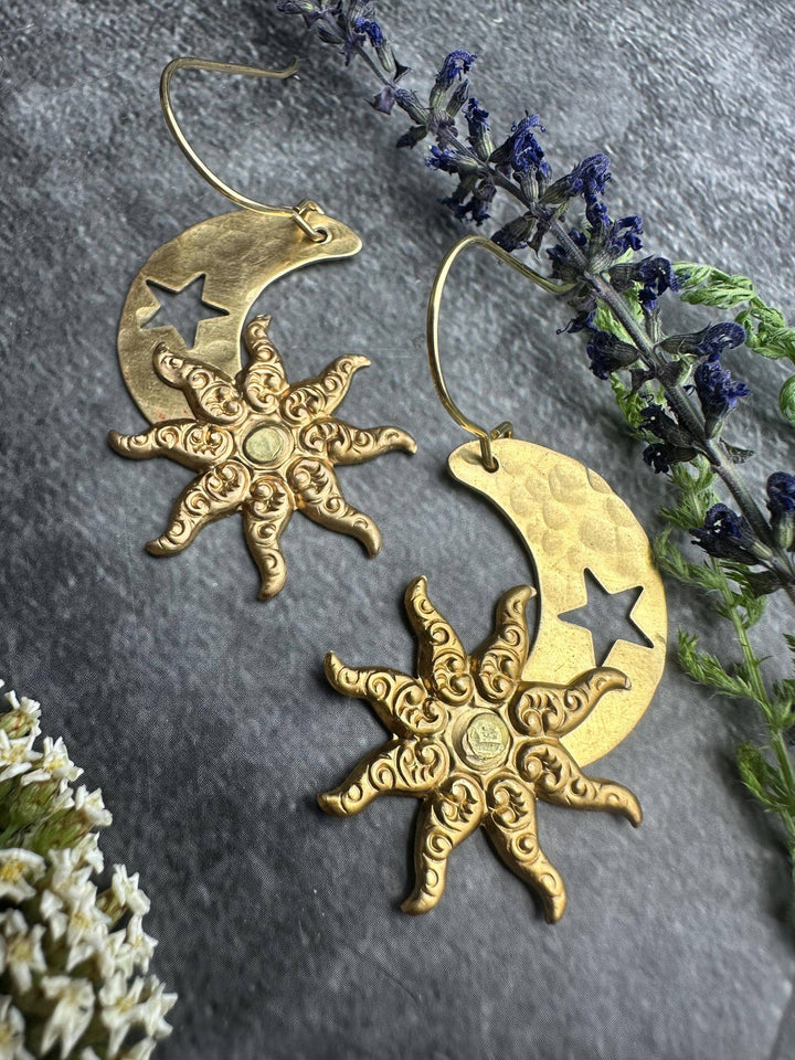 Hand Hammered Brass Sun Moon Earrings, Celestial Art Nouveau